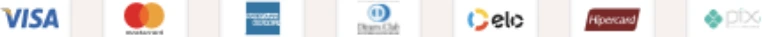 Visa, Mastercard, American Express, Diners Club, Elo, Hipercard e Pix