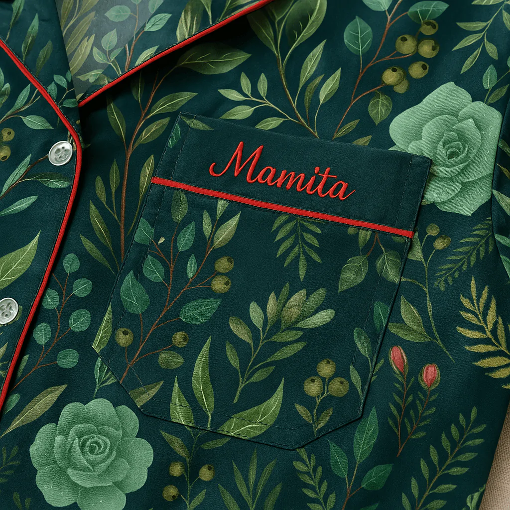 Pijama estampado Naps com detalhe em vermelho e bordado “Mamita” no bolso personalizado