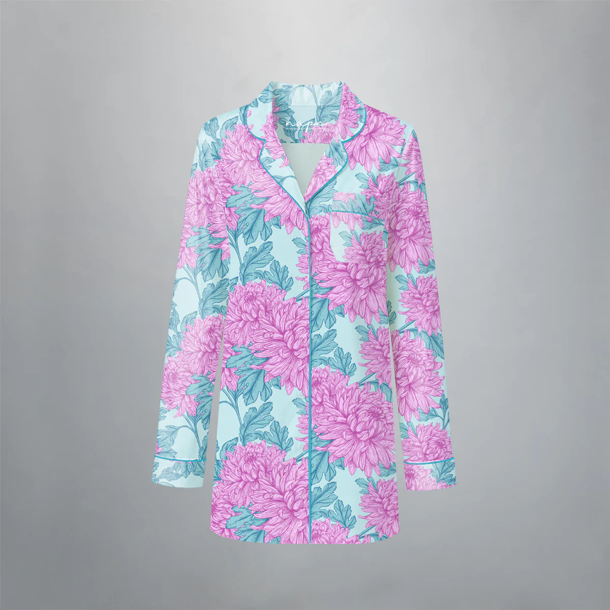 Camisola manga longa feminina Naps na estampa Bouquet Celeste, em tecido 100% algodão com toque acetinado e modelagem solta