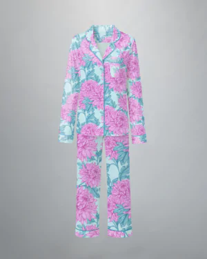 Conjunto pijama feminino Naps na estampa Bouquet Celeste, em tecido 100% algodão com toque acetinado e modelagem solta, composto por camisa manga longa e calça