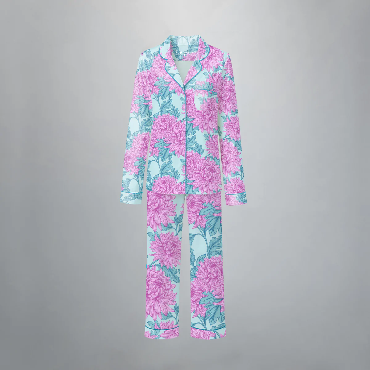 Conjunto pijama feminino Naps na estampa Bouquet Celeste, em tecido 100% algodão com toque acetinado e modelagem solta, composto por camisa manga longa e calça