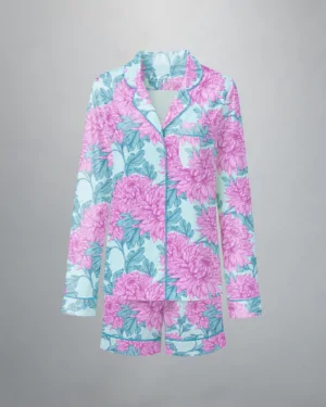 Pijama feminino Bouquet Celeste manga longa e shorts