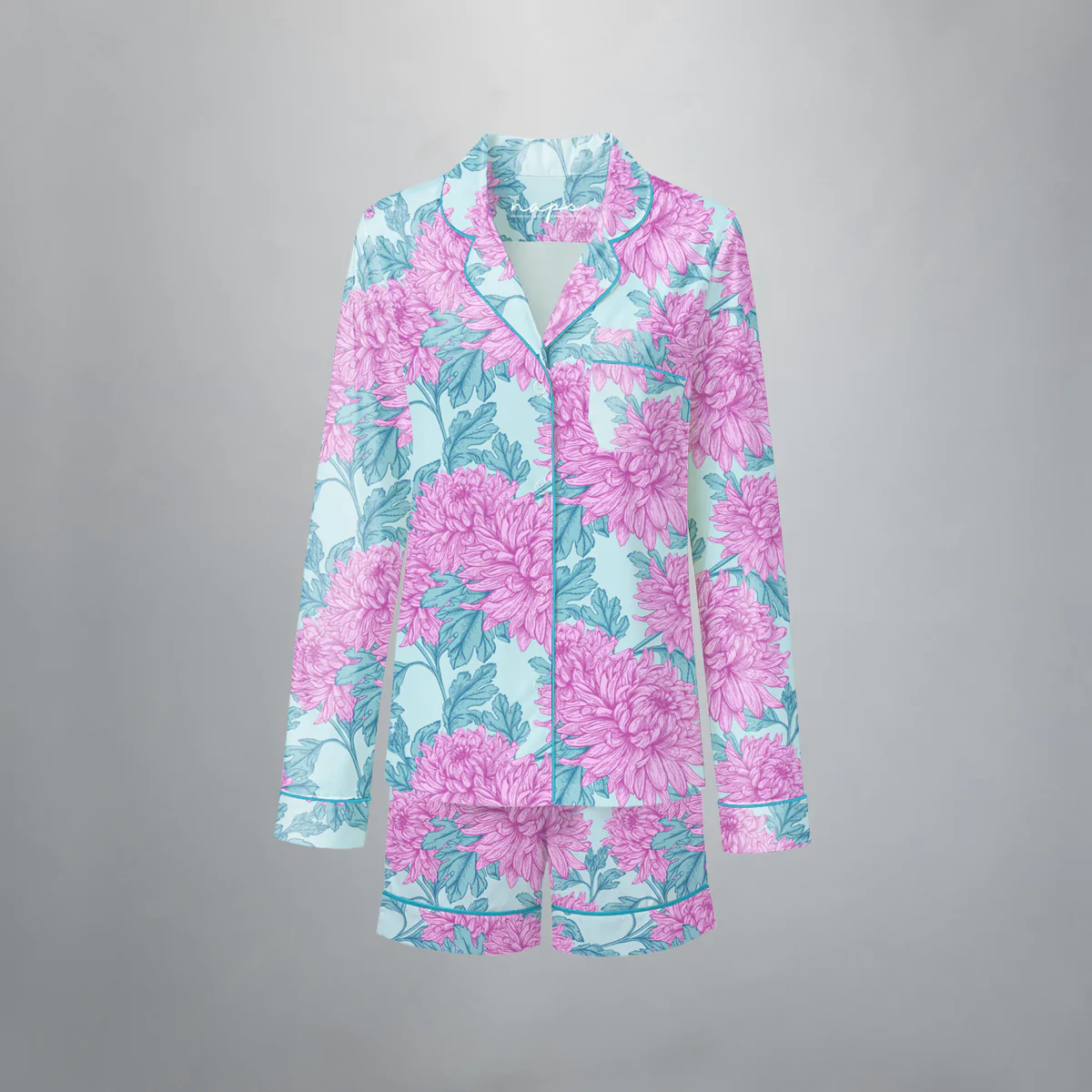 Pijama feminino Bouquet Celeste manga longa e shorts