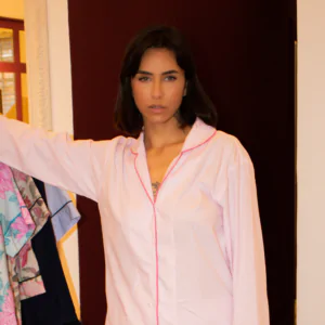 Mulher vestindo pijama personalizado rosa bebê de manga longa, com acabamento pink, em tecido 100% algodão.