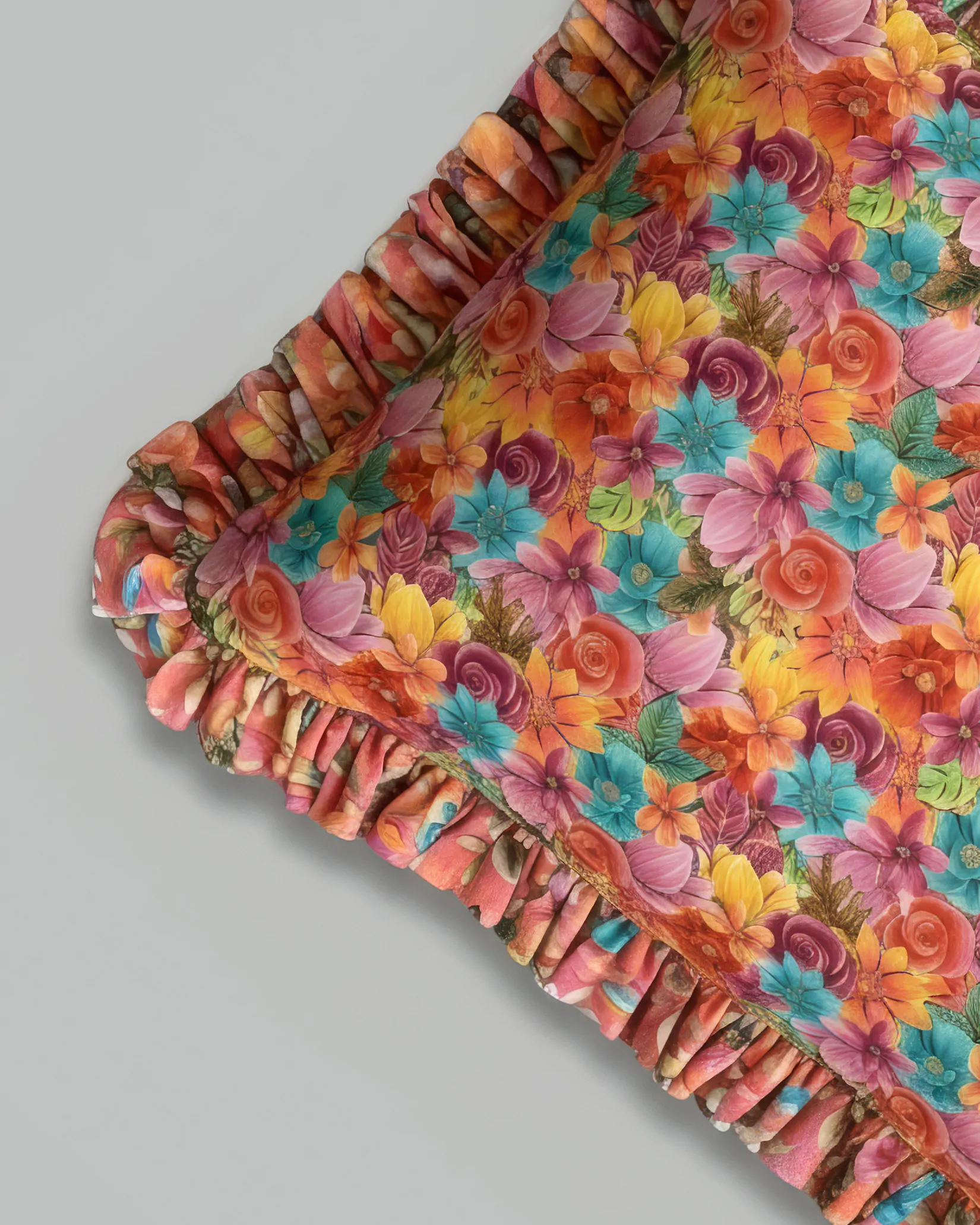 Detalhe do acabamento em babado da fronha Naps estampa Bright Summer, em algodão macio